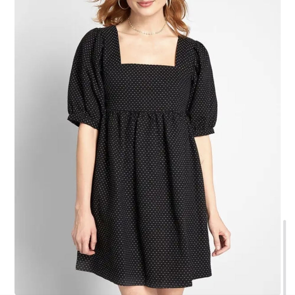 ModCloth Black  Baby Doll Mini Dress with White Micro Dots Sz.2 NWT